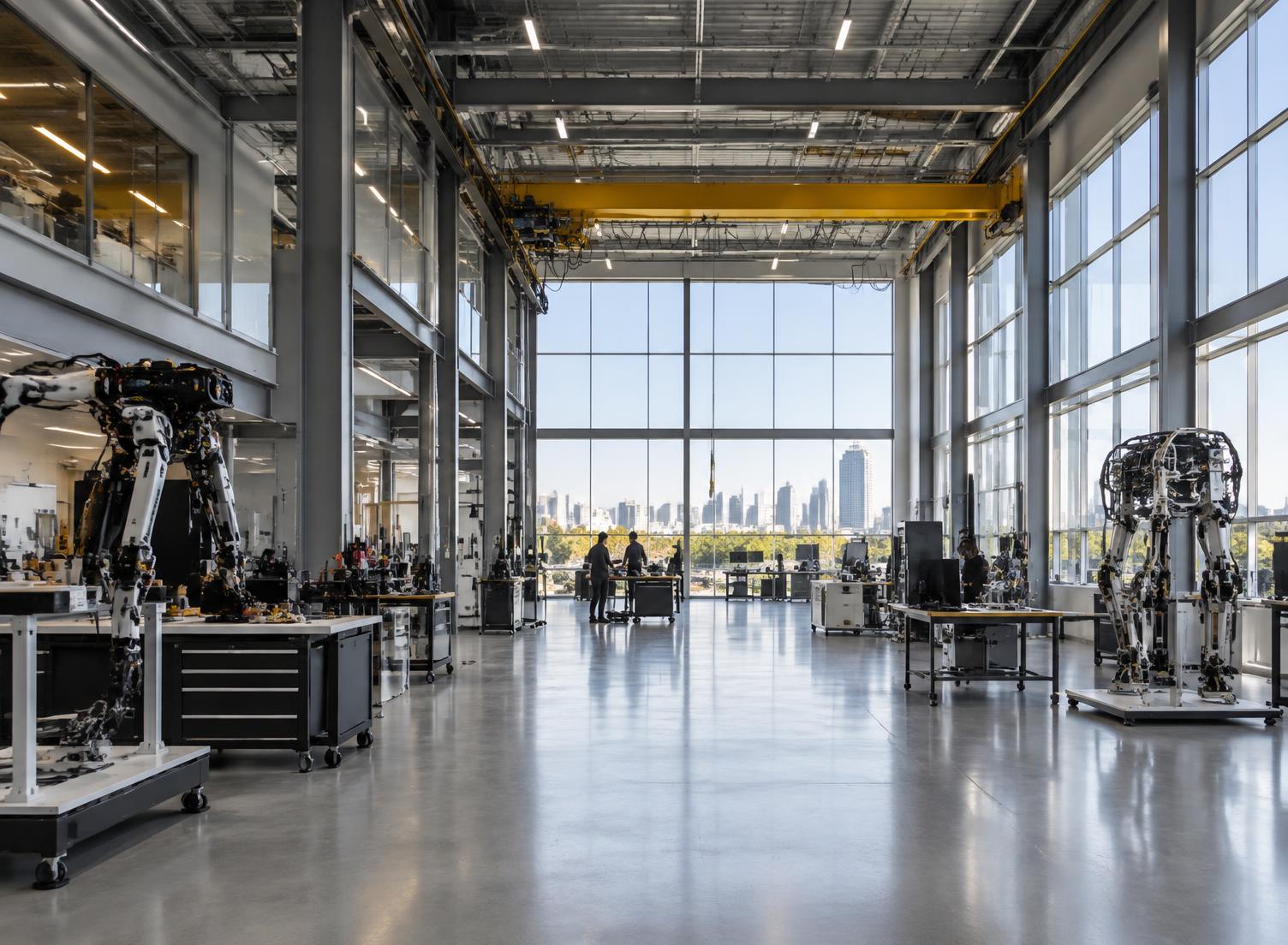 High-bay research facility with robotics workstations and industrial infrastructure